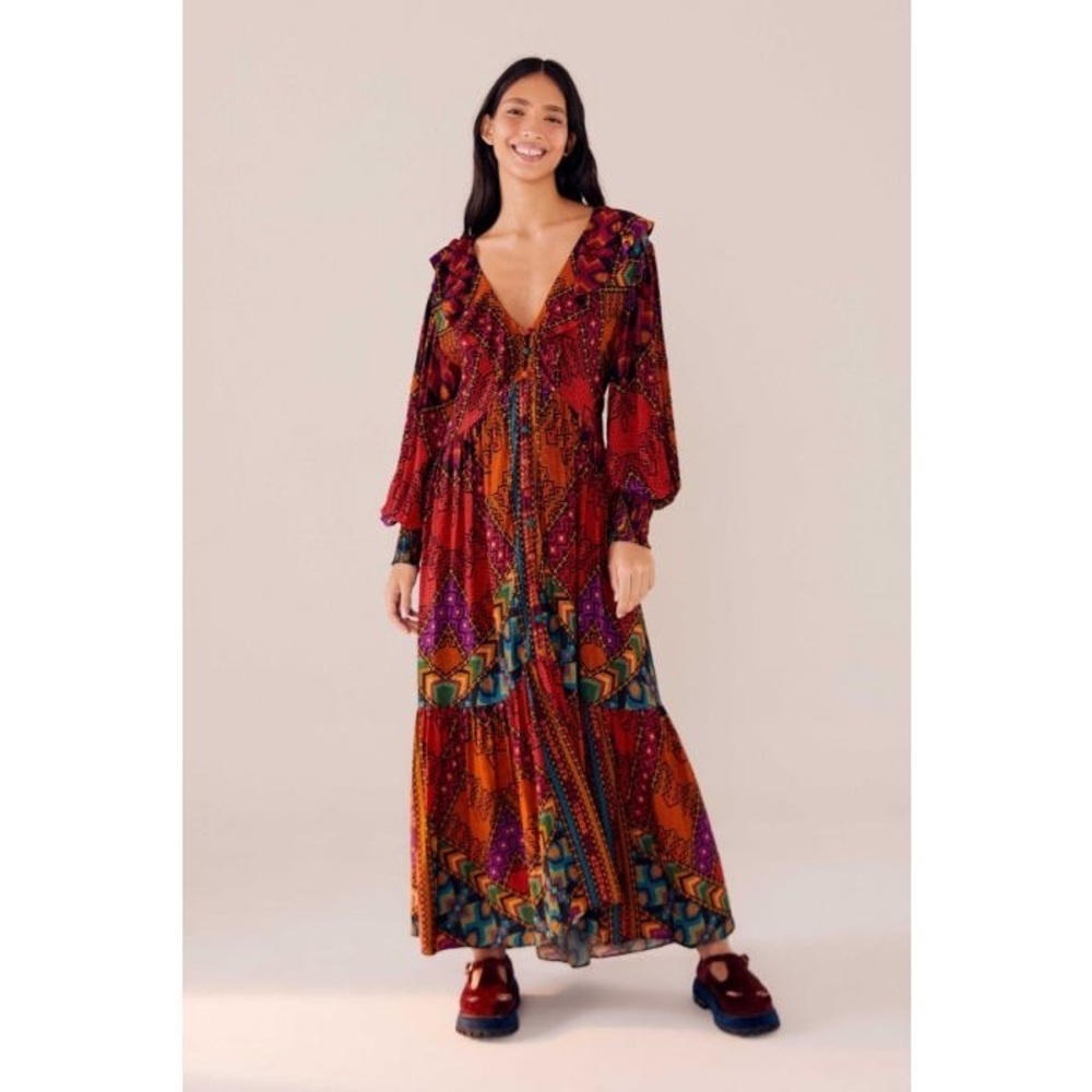 Farm Rio Yawanawa Stripes Midi Maxi Long Sleeve Mutlicolor Printed Dress - Picture 10 of 10